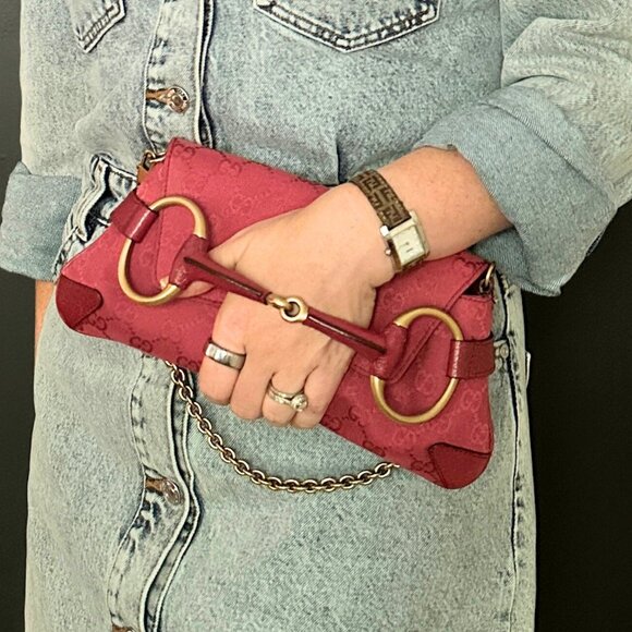 Vintage Gucci Tom Ford Era Horsebit Shoulder Bag & Clutch in Rare Pink - Picture 10 of 11